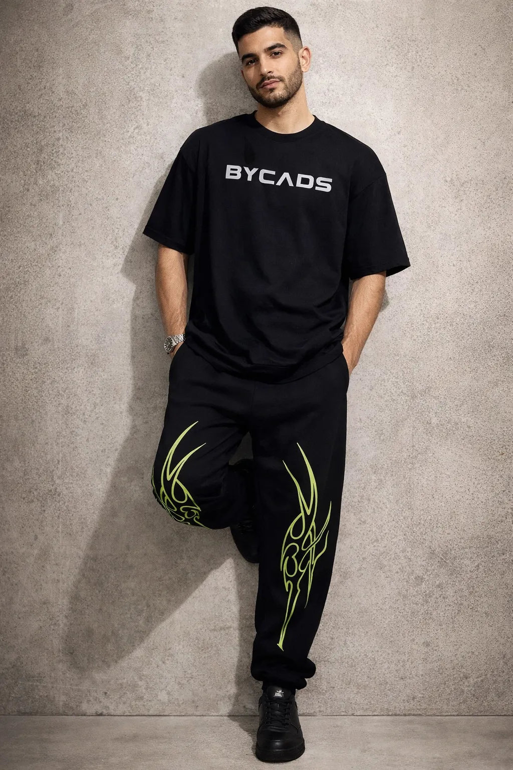 BYCADS Neon Tribal Flame Black Joggers – Glow Streetwear Graphic Lower