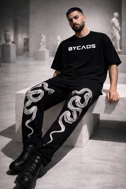 BYCADS Serpent Skeleton Graphic Black Joggers – Bold Streetwear Lower Pants