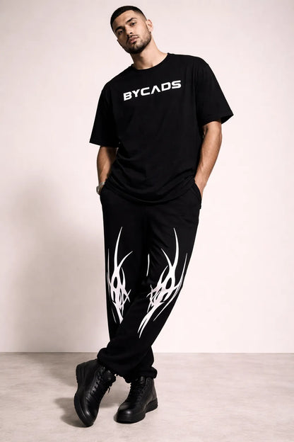 BYCADS Tribal Flame Spike Black Joggers – Bold Streetwear Graphic Lower