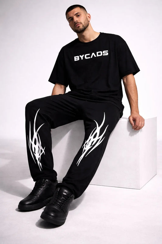 BYCADS Tribal Flame Spike Black Joggers – Bold Streetwear Graphic Lower