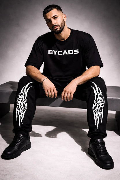 BYCADS Tribal Inferno Graphic Black Joggers – Bold Streetwear Lower Pants