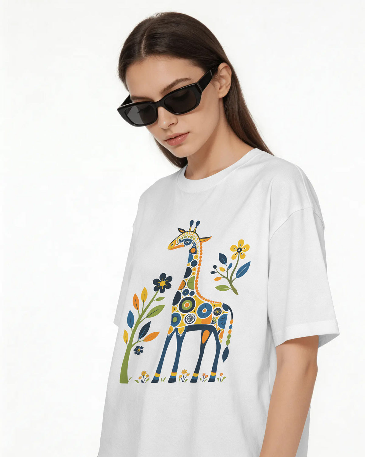 BYCADS Women’s Oversized Cotton Blend T-Shirt – Giraffe Floral Graphic Print White Loose Fit Casual Tee