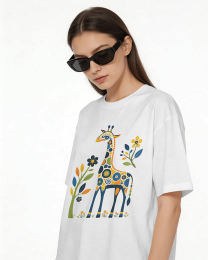 BYCADS Women’s Oversized Cotton Blend T-Shirt – Giraffe Floral Graphic Print White Loose Fit Casual Tee