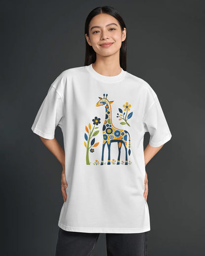 BYCADS Women’s Oversized Cotton Blend T-Shirt – Giraffe Floral Graphic Print White Loose Fit Casual Tee