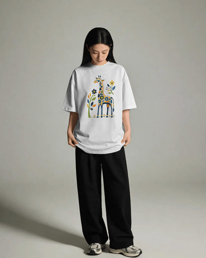 BYCADS Women’s Oversized Cotton Blend T-Shirt – Giraffe Floral Graphic Print White Loose Fit Casual Tee