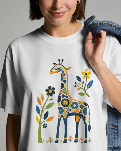 BYCADS Women’s Oversized Cotton Blend T-Shirt – Giraffe Floral Graphic Print White Loose Fit Casual Tee