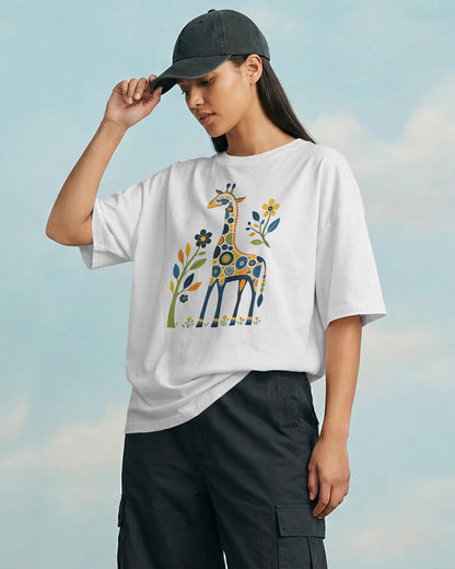 BYCADS Women’s Oversized Cotton Blend T-Shirt – Giraffe Floral Graphic Print White Loose Fit Casual Tee
