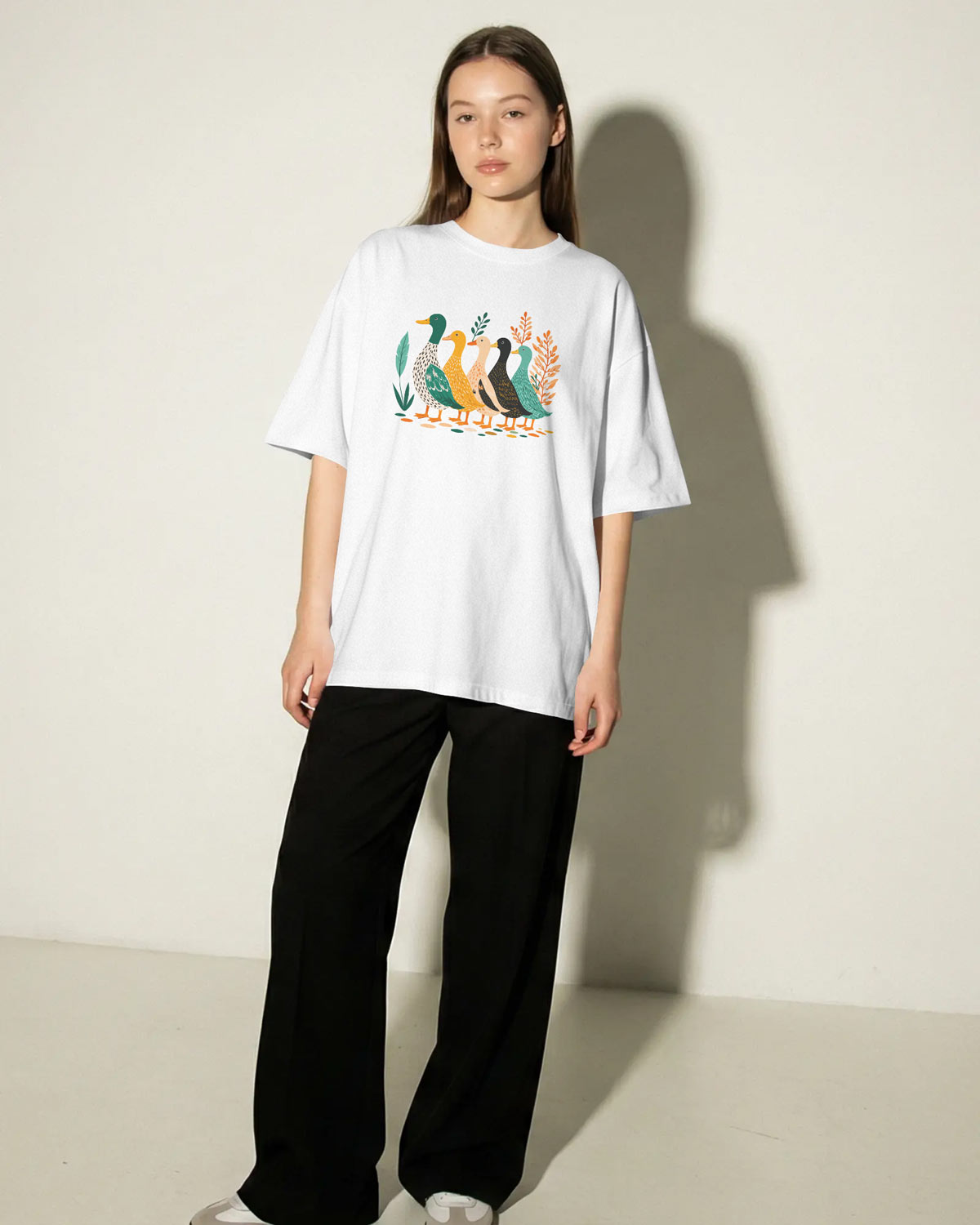 BYCADS Women’s Oversized White Graphic T-Shirt | Premium Duck Print Cotton Blend t-shirt