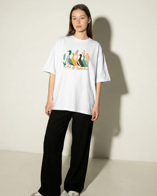 BYCADS Women’s Oversized White Graphic T-Shirt | Premium Duck Print Cotton Blend t-shirt