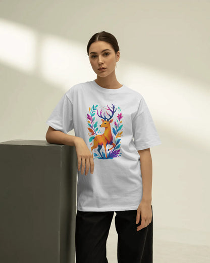 BYCADS Women’s White Oversized Graphic T-Shirt | Colorful Deer Printed Cotton Blend Streetwear Tee