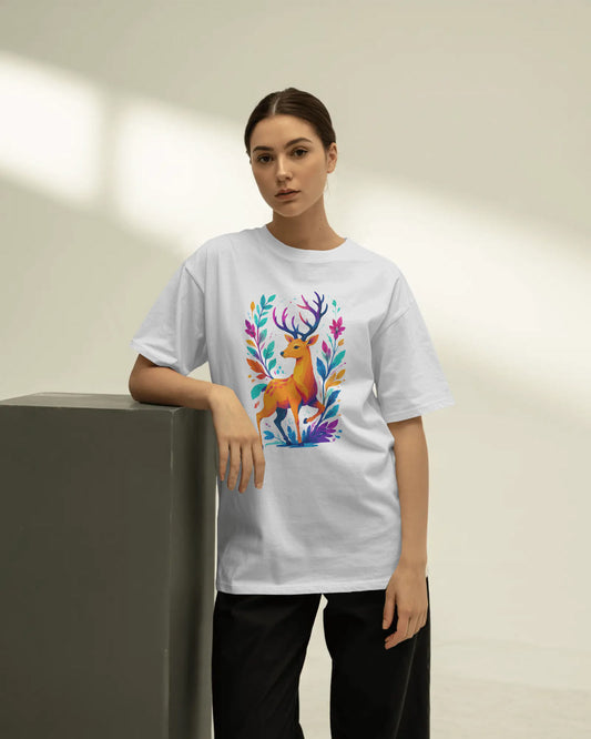 BYCADS Women’s White Oversized Graphic T-Shirt | Colorful Deer Printed Cotton Blend Streetwear Tee