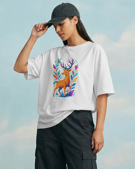 BYCADS Women’s White Oversized Graphic T-Shirt | Colorful Deer Printed Cotton Blend Streetwear Tee