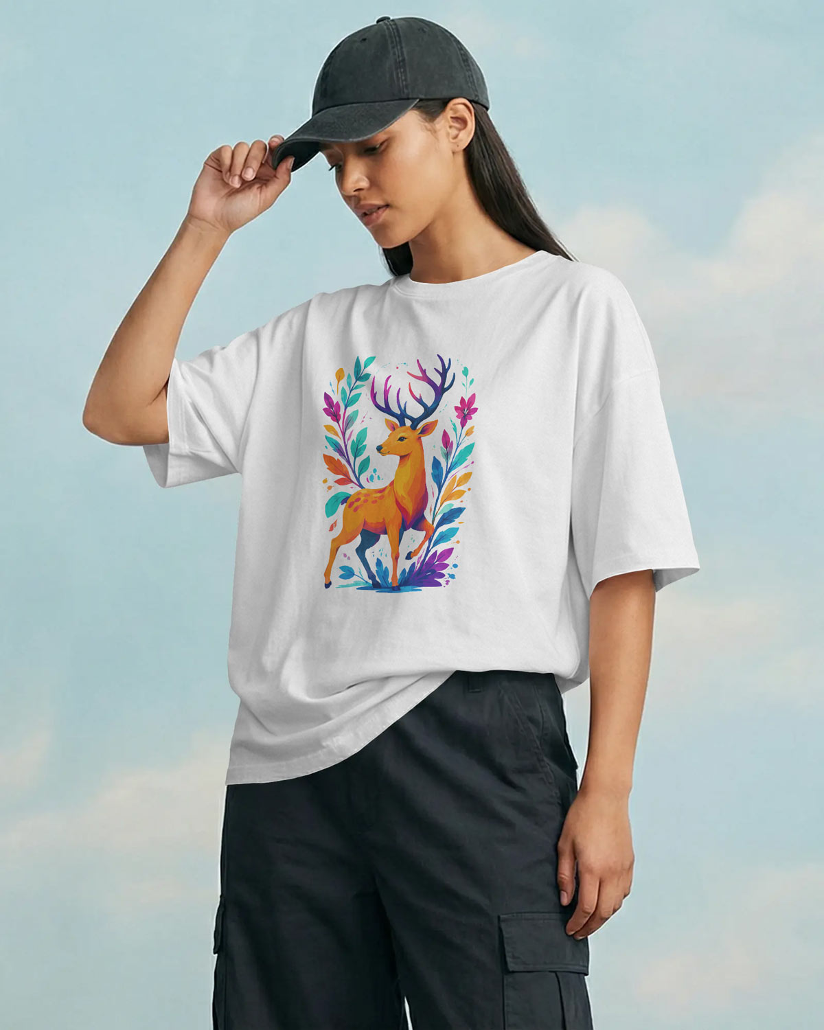 BYCADS Women’s White Oversized Graphic T-Shirt | Colorful Deer Printed Cotton Blend Streetwear Tee