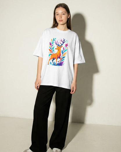 BYCADS Women’s White Oversized Graphic T-Shirt | Colorful Deer Printed Cotton Blend Streetwear Tee