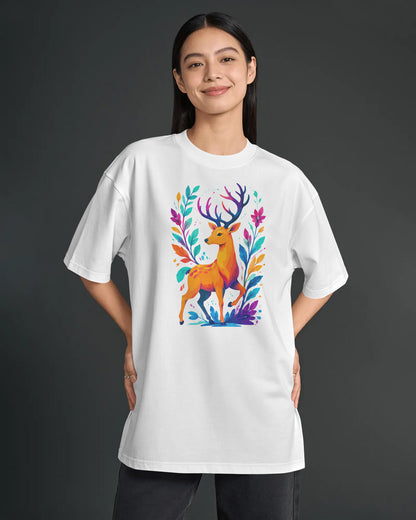 BYCADS Women’s White Oversized Graphic T-Shirt | Colorful Deer Printed Cotton Blend Streetwear Tee