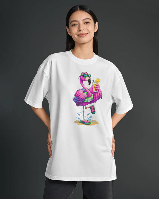 BYCADS Women’s White Oversized Graphic T-Shirt | Flamingo Printed Cotton Blend T-Shirt