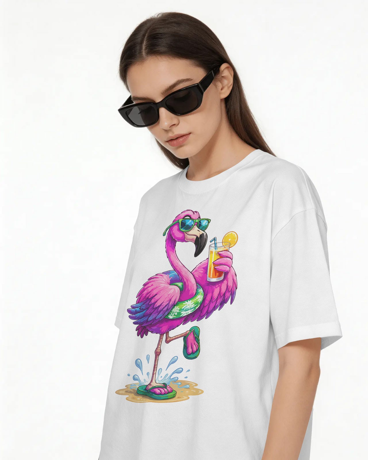 BYCADS Women’s White Oversized Graphic T-Shirt | Flamingo Printed Cotton Blend T-Shirt