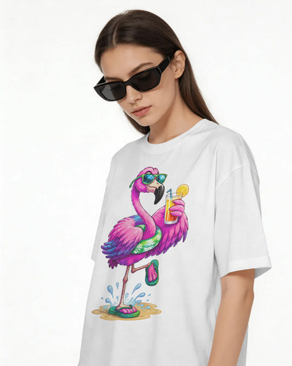 BYCADS Women’s White Oversized Graphic T-Shirt | Flamingo Printed Cotton Blend T-Shirt