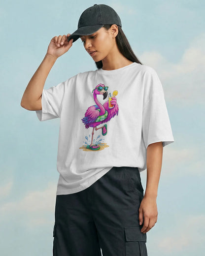 BYCADS Women’s White Oversized Graphic T-Shirt | Flamingo Printed Cotton Blend T-Shirt