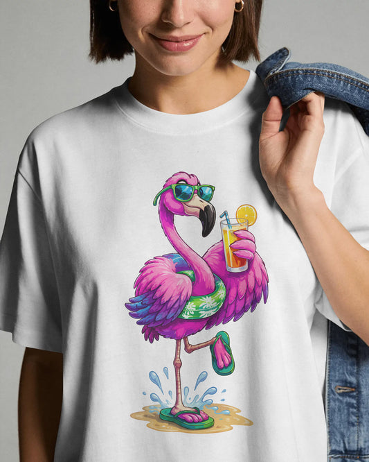 BYCADS Women’s White Oversized Graphic T-Shirt | Flamingo Printed Cotton Blend T-Shirt