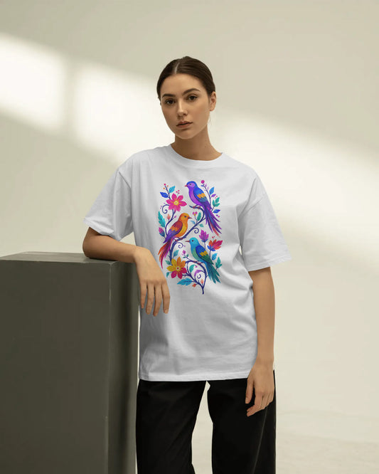 BYCADS Women’s White Oversized T-Shirt | Colorful Bird & Floral Graphic Print | Relaxed Fit Casual Streetwear T-shirt