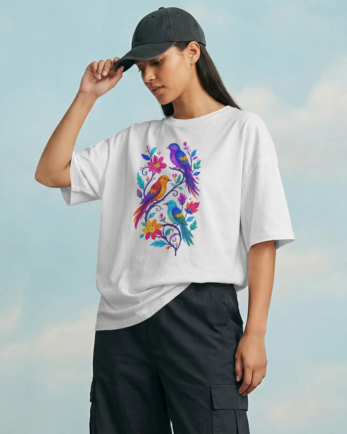 BYCADS Women’s White Oversized T-Shirt | Colorful Bird & Floral Graphic Print | Relaxed Fit Casual Streetwear T-shirt
