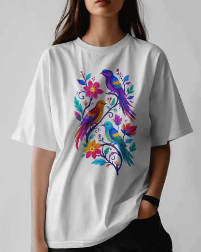 BYCADS Women’s White Oversized T-Shirt | Colorful Bird & Floral Graphic Print | Relaxed Fit Casual Streetwear T-shirt