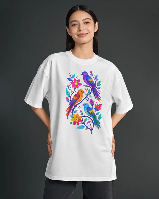 BYCADS Women’s White Oversized T-Shirt | Colorful Bird & Floral Graphic Print | Relaxed Fit Casual Streetwear T-shirt