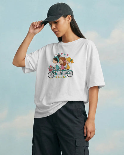 BYCADS Women’s White Oversized T-Shirt – Cute Girls Bicycle Graphic Print Cotton Blend T-shirt
