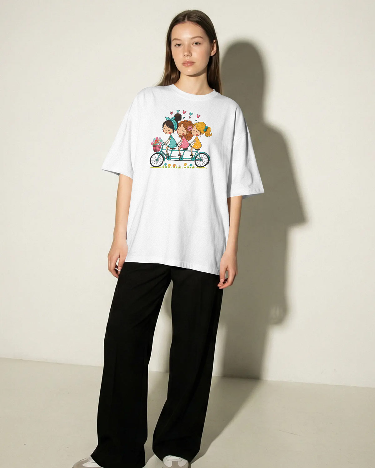 BYCADS Women’s White Oversized T-Shirt – Cute Girls Bicycle Graphic Print Cotton Blend T-shirt