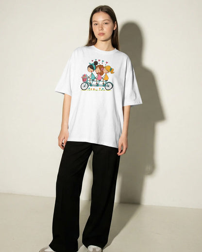 BYCADS Women’s White Oversized T-Shirt – Cute Girls Bicycle Graphic Print Cotton Blend T-shirt