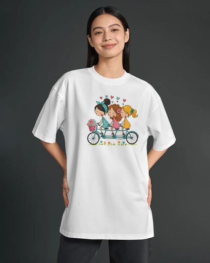 BYCADS Women’s White Oversized T-Shirt – Cute Girls Bicycle Graphic Print Cotton Blend T-shirt