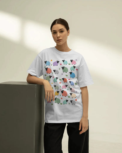BYCADS Women's White Sheep Graphic Oversized T-Shirt | Cotton Blend Relaxed Fit T-shirt