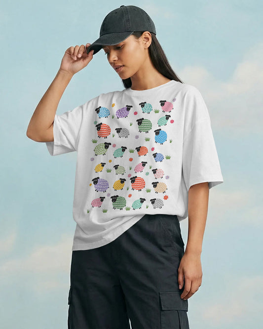 BYCADS Women's White Sheep Graphic Oversized T-Shirt | Cotton Blend Relaxed Fit T-shirt