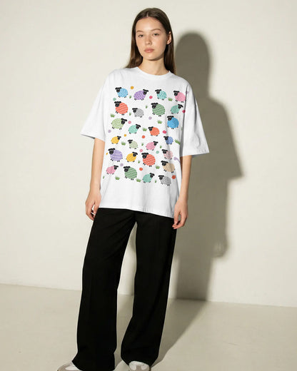 BYCADS Women's White Sheep Graphic Oversized T-Shirt | Cotton Blend Relaxed Fit T-shirt