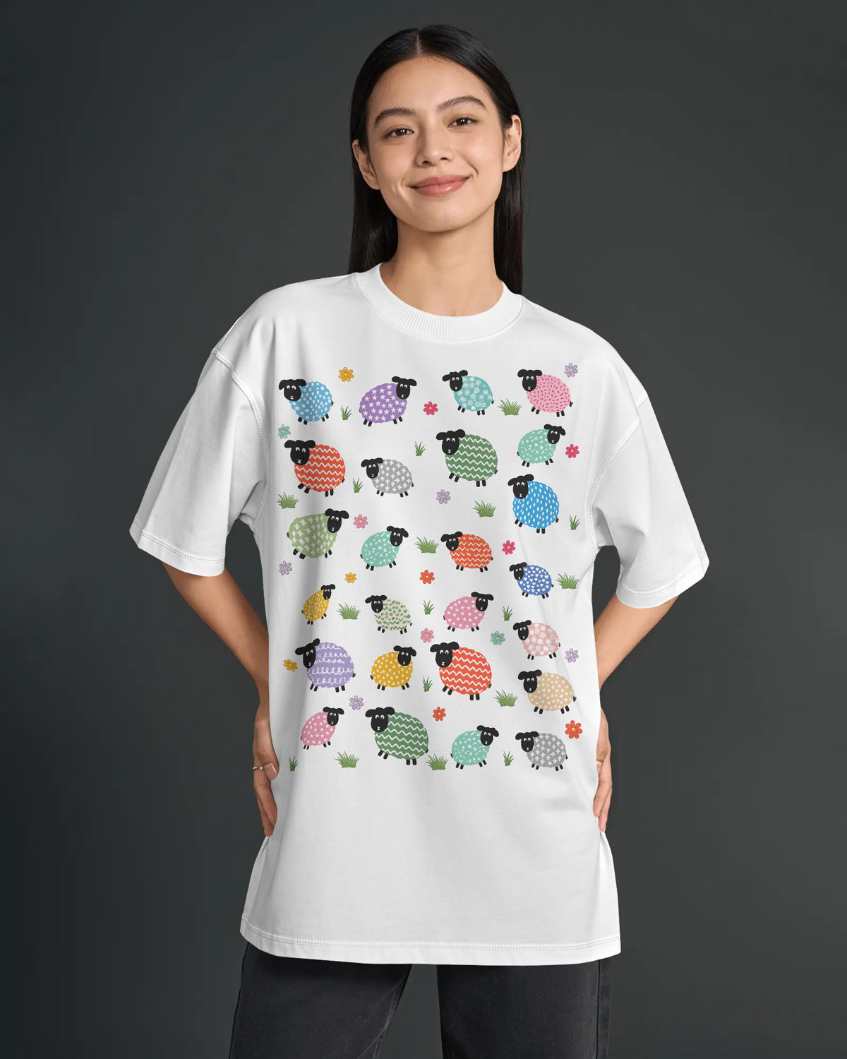 BYCADS Women's White Sheep Graphic Oversized T-Shirt | Cotton Blend Relaxed Fit T-shirt