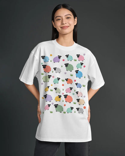BYCADS Women's White Sheep Graphic Oversized T-Shirt | Cotton Blend Relaxed Fit T-shirt