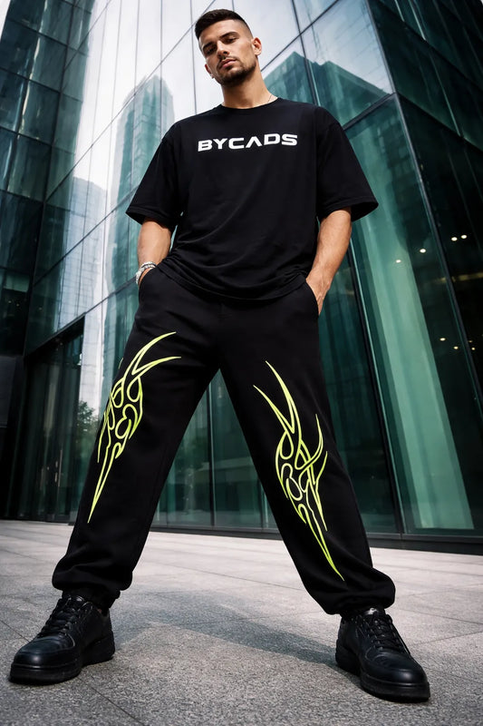 BYCADS Neon Tribal Flame Black Joggers – Glow Streetwear Graphic Lower