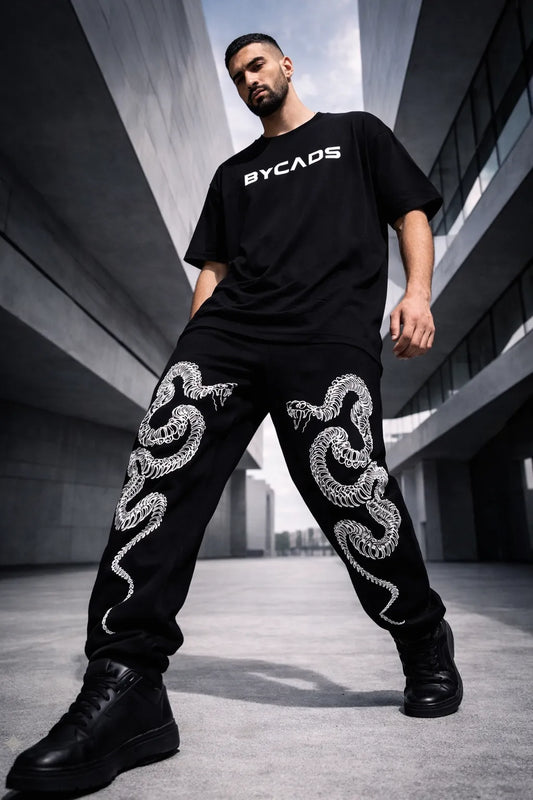 BYCADS Serpent Skeleton Graphic Black Joggers – Bold Streetwear Lower Pants