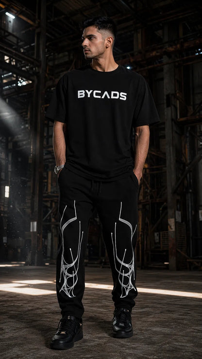 BYCADS Abstract Line Graphic Black Joggers – Minimal Streetwear Lower Pants