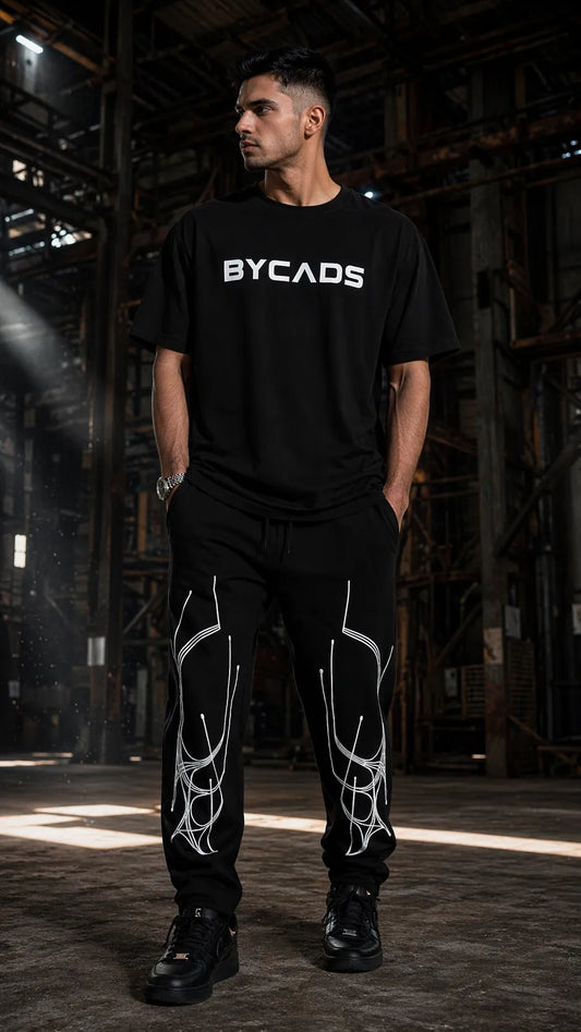 BYCADS Abstract Line Graphic Black Joggers – Minimal Streetwear Lower Pants