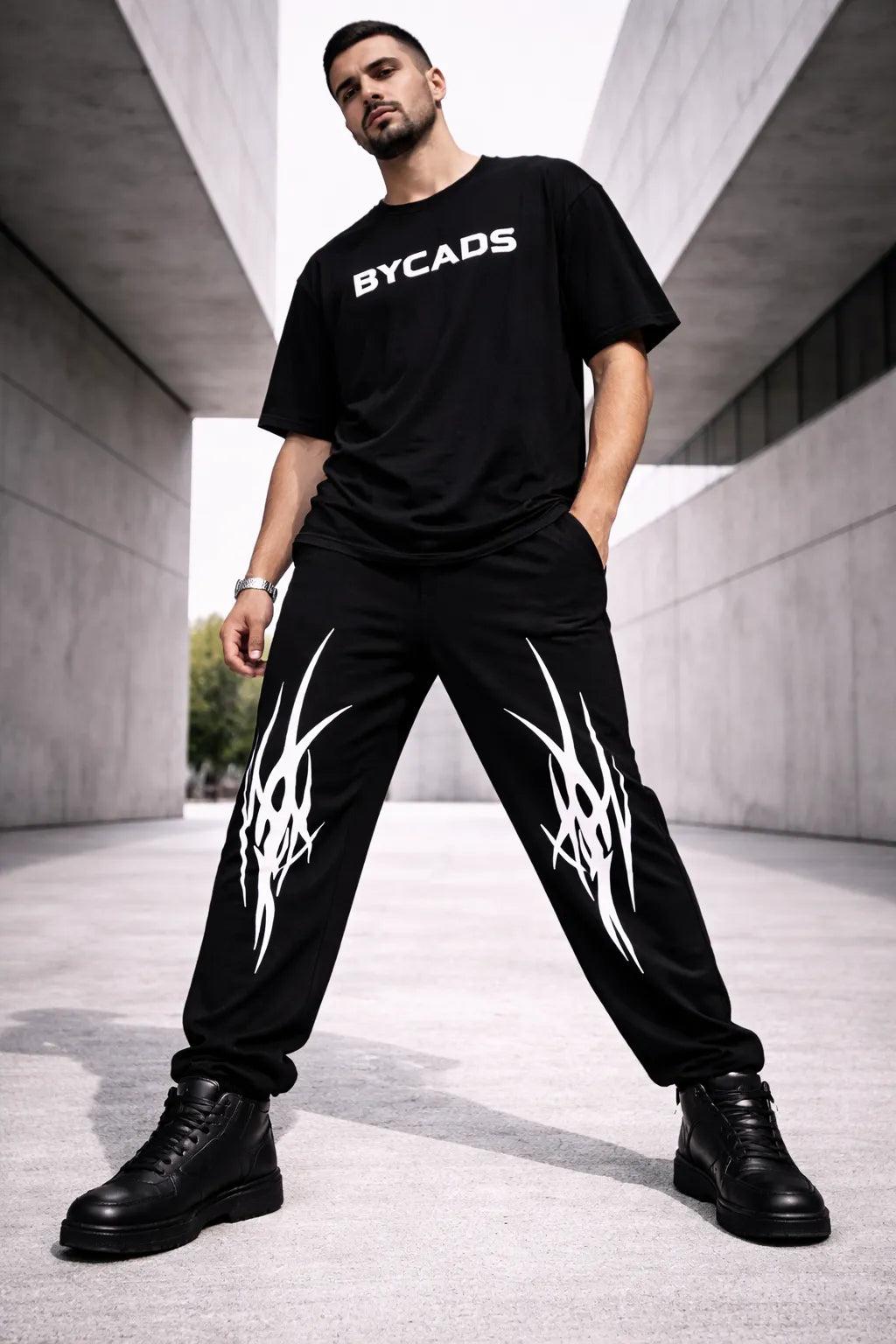 BYCADS Tribal Flame Spike Black Joggers – Bold Streetwear Graphic Lower