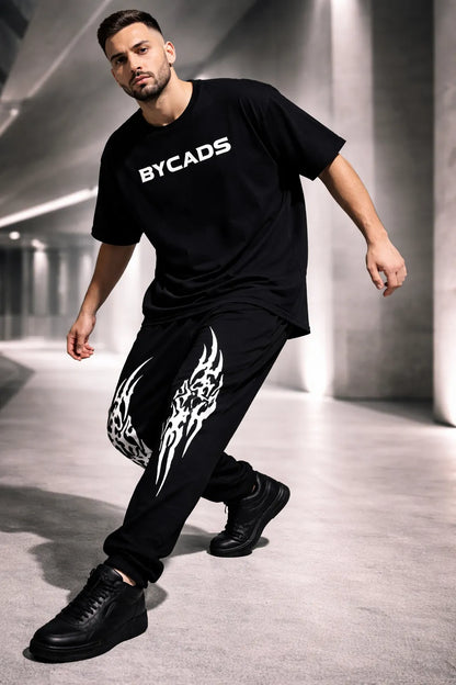 BYCADS Tribal Inferno Graphic Black Joggers – Bold Streetwear Lower Pants