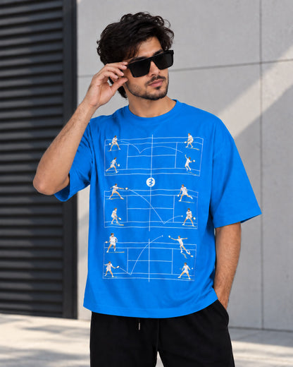 Bycads Blue 100% Cotton Oversized T-Shirt – 240 GSM Tennis Graphic Streetwear T-shirt