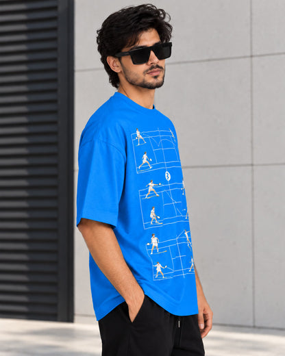 Bycads Blue 100% Cotton Oversized T-Shirt – 240 GSM Tennis Graphic Streetwear T-shirt
