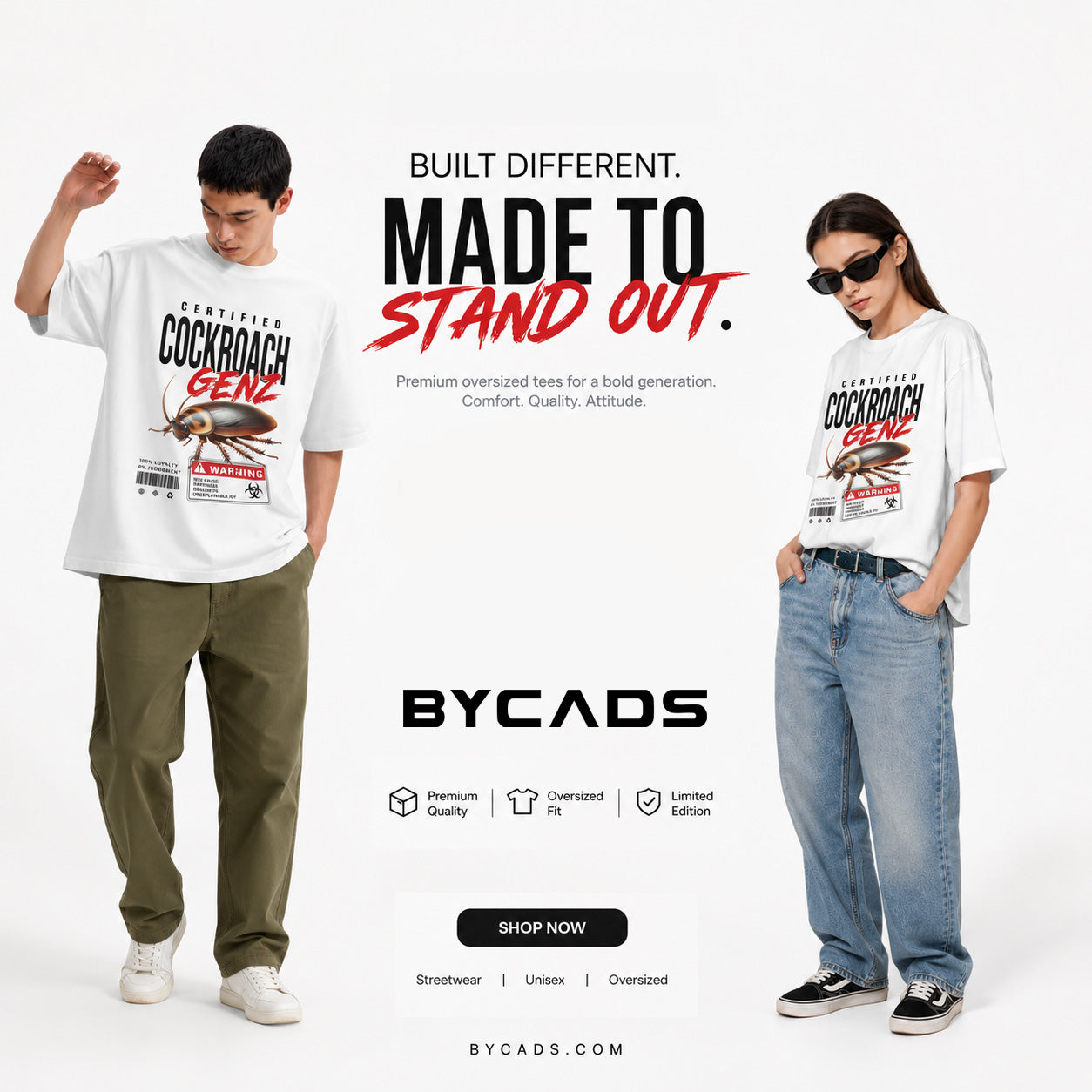 BYCADS Half Sleeve Round Neck Cotton Blend Graphic Print Certified Cockroach GENZ Oversized T-Shirt