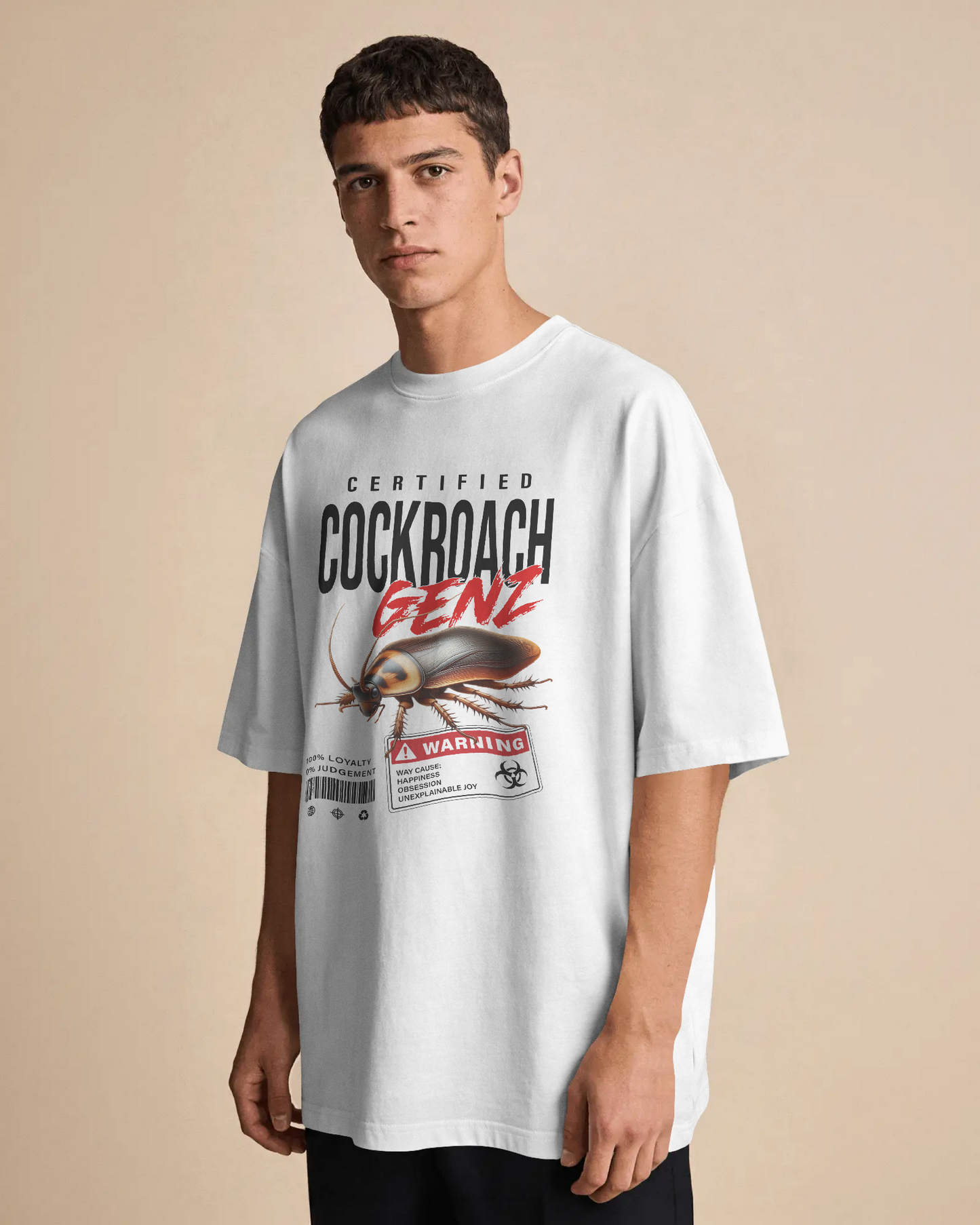 BYCADS Half Sleeve Round Neck Cotton Blend Graphic Print Certified Cockroach GENZ Oversized T-Shirt