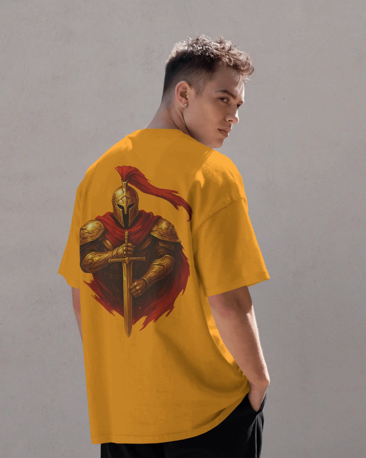Golden Knight Oversized T-Shirt for Men – Medieval Warrior Sword Graphic by Bycads