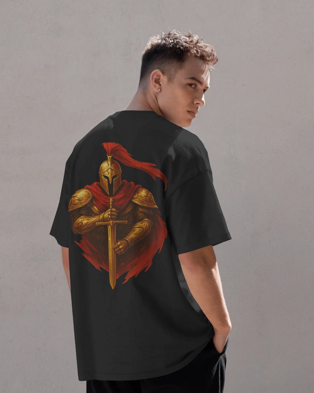 Golden Knight Oversized T-Shirt for Men – Medieval Warrior Sword Graphic by Bycads