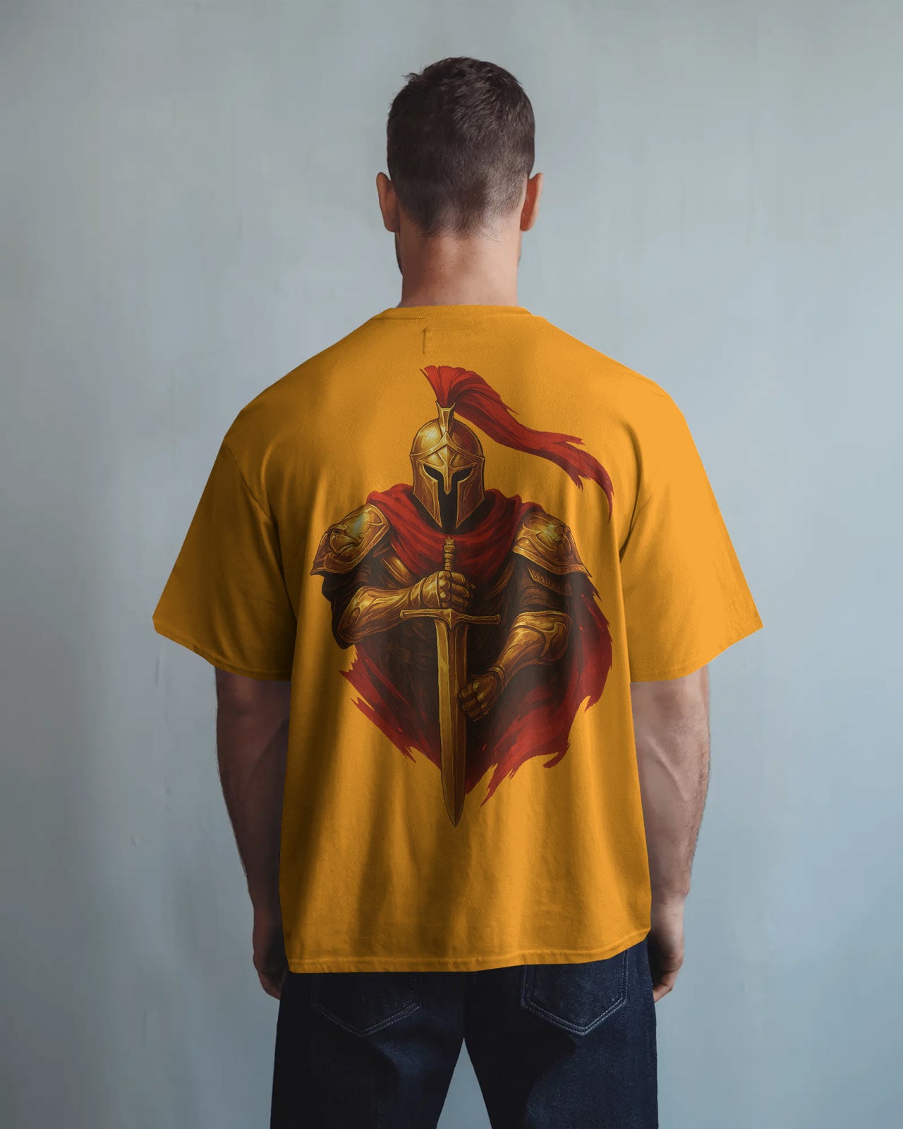 Golden Knight Oversized T-Shirt for Men – Medieval Warrior Sword Graphic by Bycads
